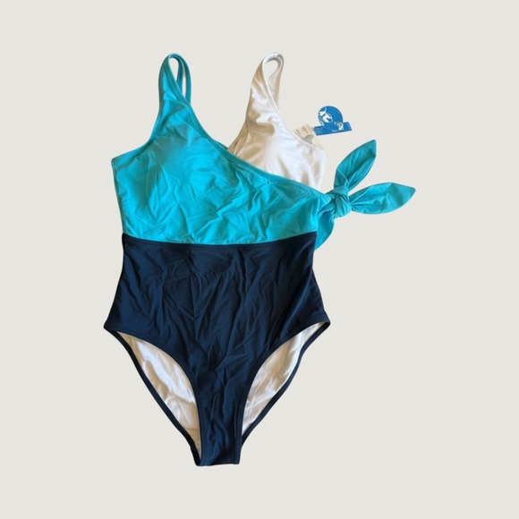 Cupshe Other - CUPSHE Womens Large One Piece Swimsuit Colorblock Faux Wrap Side Tie Navy Blue L